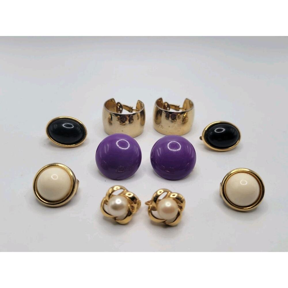 VTG Lot Enamel & Goldtone Lot Of 5 Pair Costume Jewelry Clip on Earrings